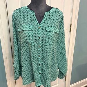 croft & barrow Teal Geometric Print Button-Down Blouse